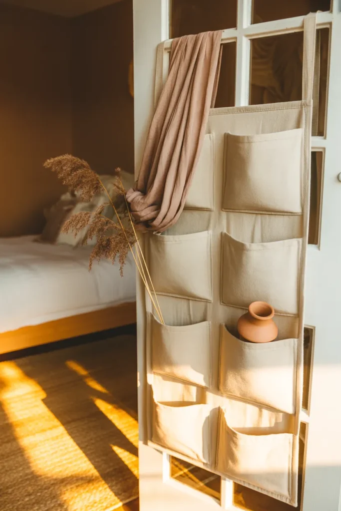 Boho bedroom over the door organizer with linen drape hiding the top strap and terracotta accent