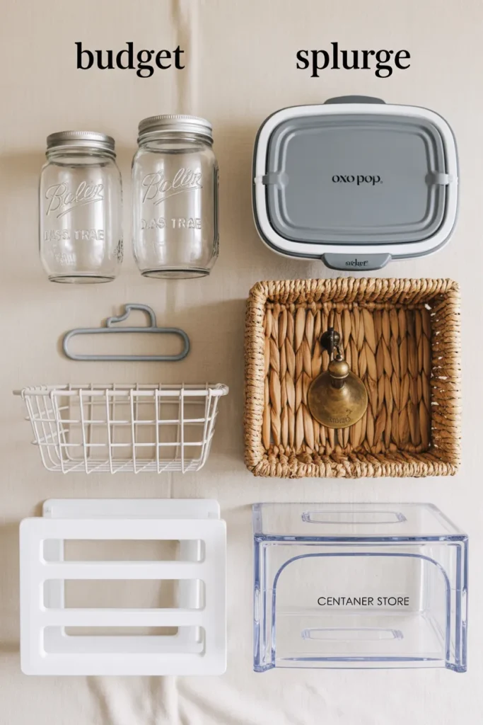 Budget Dollar Tree organization vs splurge organization side-by-side comparison flat lay.