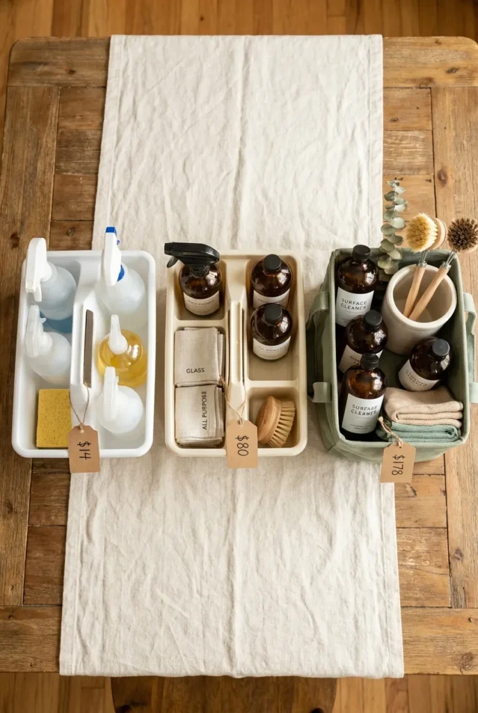 Budget, mid-range, and splurge cleaning caddy setups compared with price tags