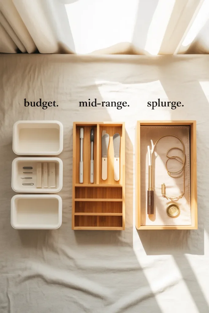 Budget mid-range and splurge junk drawer organizer comparison with plastic bins bamboo dividers and premium organizers