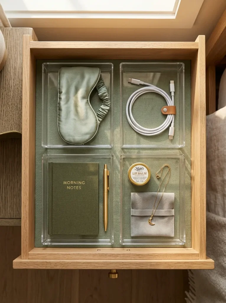Budget nightstand drawer organization with clear acrylic trays on sage linen liner