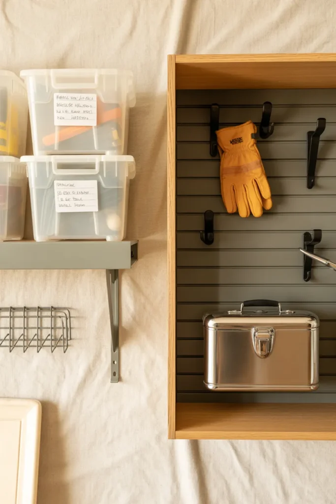 Budget versus splurge garage organization supplies flat lay with Dollar Tree bins and matte black slatwall hooks
