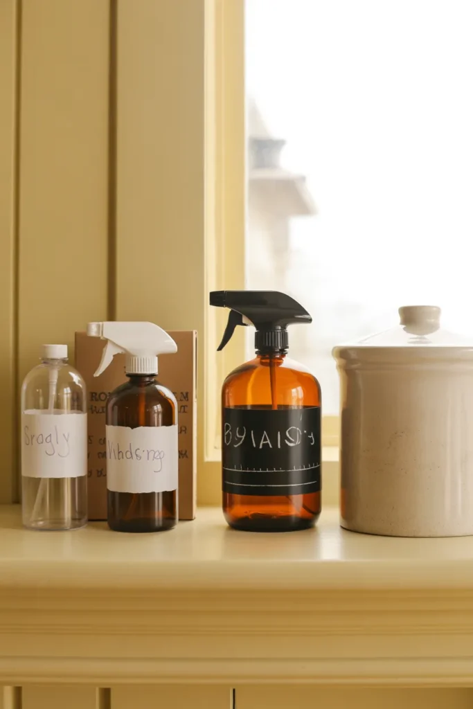 Budget versus splurge natural cleaning kit comparison on a cream open shelf