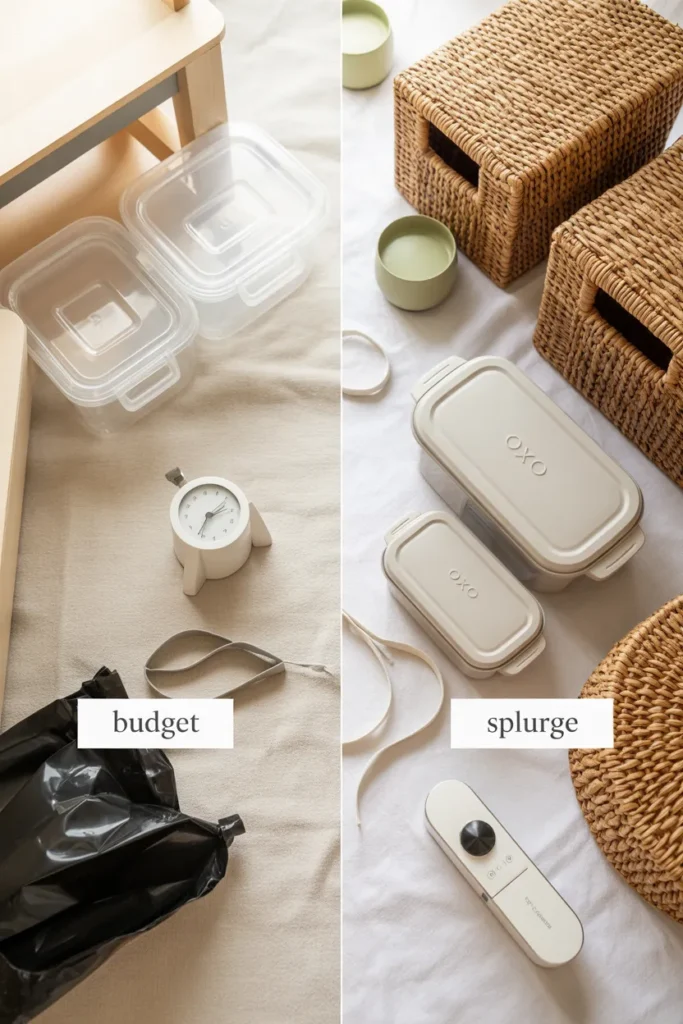 Budget versus splurge tools for the 10-10 decluttering method showing dollar store bins and OXO containers