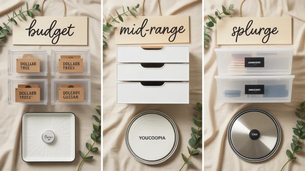 Budget vs mid-range vs splurge under bathroom sink organizer comparison flat lay