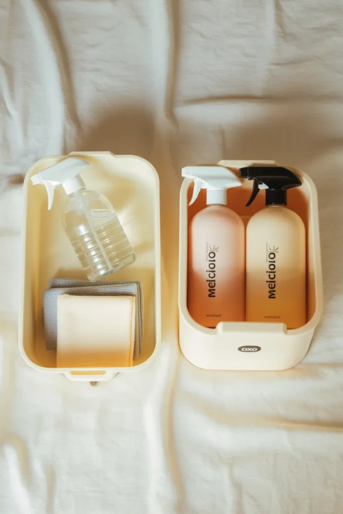 Budget vs splurge cleaning caddy comparison flat lay with sprays and microfiber cloths.