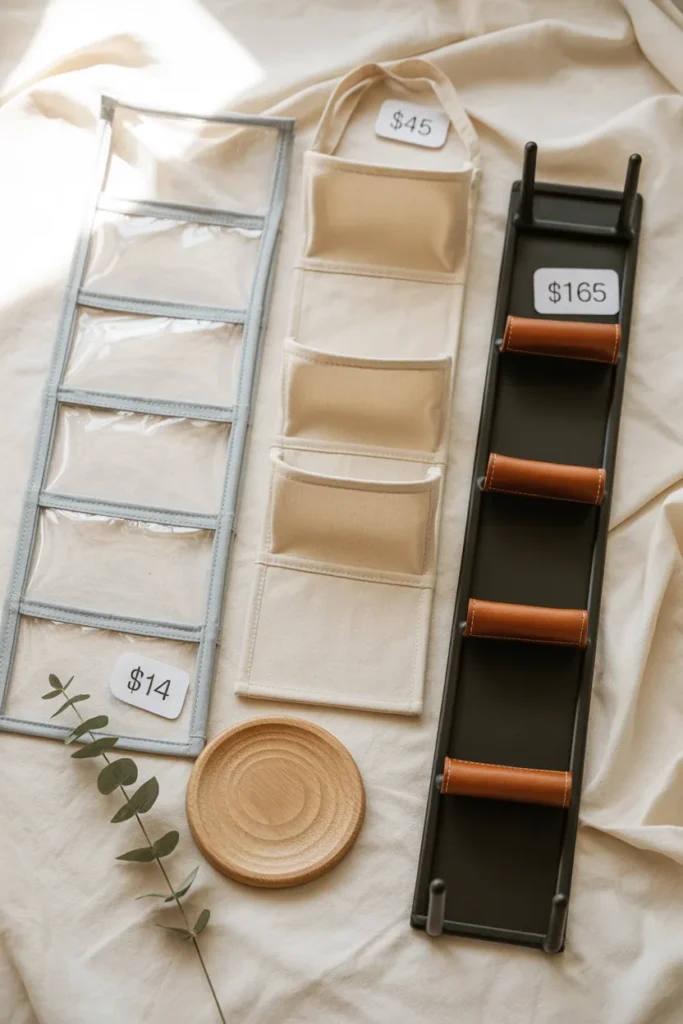 Budget vs splurge comparison flat lay of three over the door organizers from $14 to $165