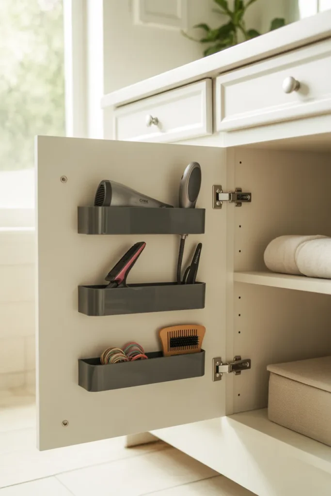 Cabinet door storage with command-strip caddies holding hair dryer, flat iron, and brush