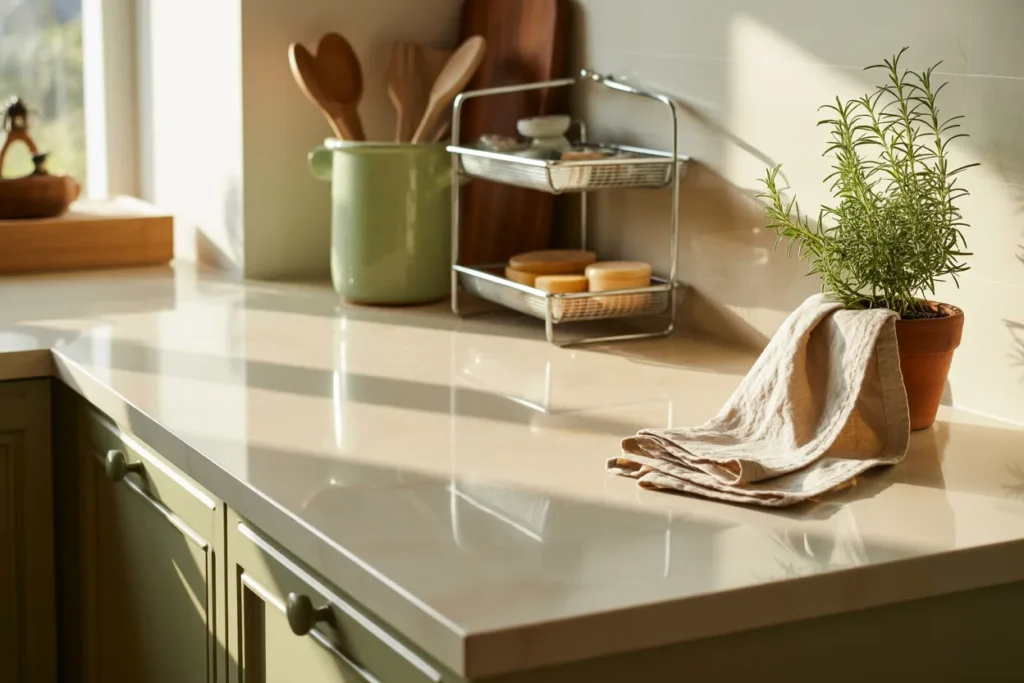 Clean reset small kitchen counter with cream marble, sage crock, and rosemary in warm afternoon light.