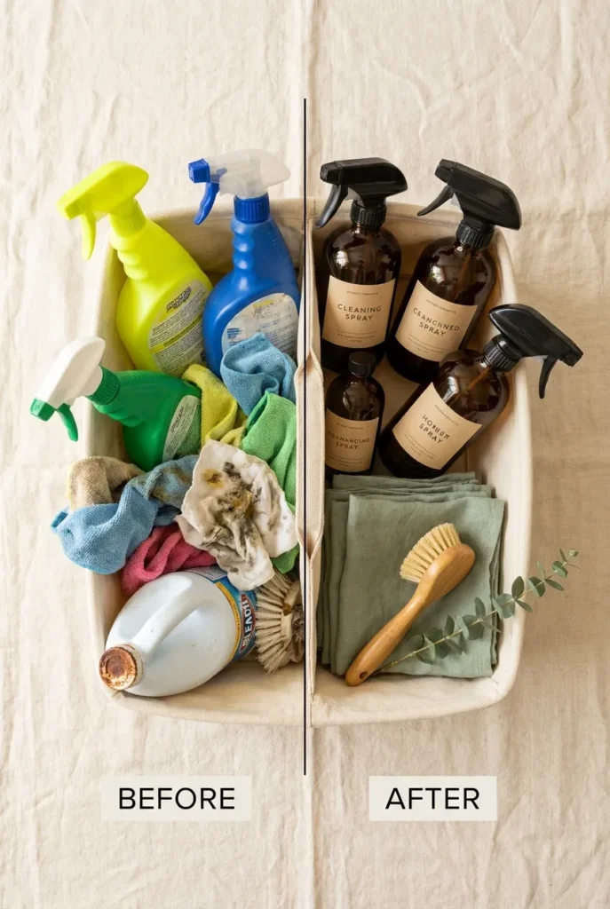 Cleaning caddy before and after showing chaotic supplies versus organized aesthetic setup