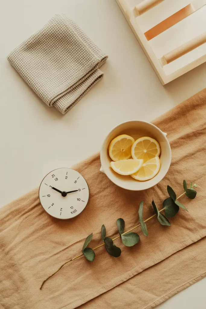 Cleaning motivation Pinterest pin flat lay with timer, microfiber cloth, and eucalyptus on cream linen.