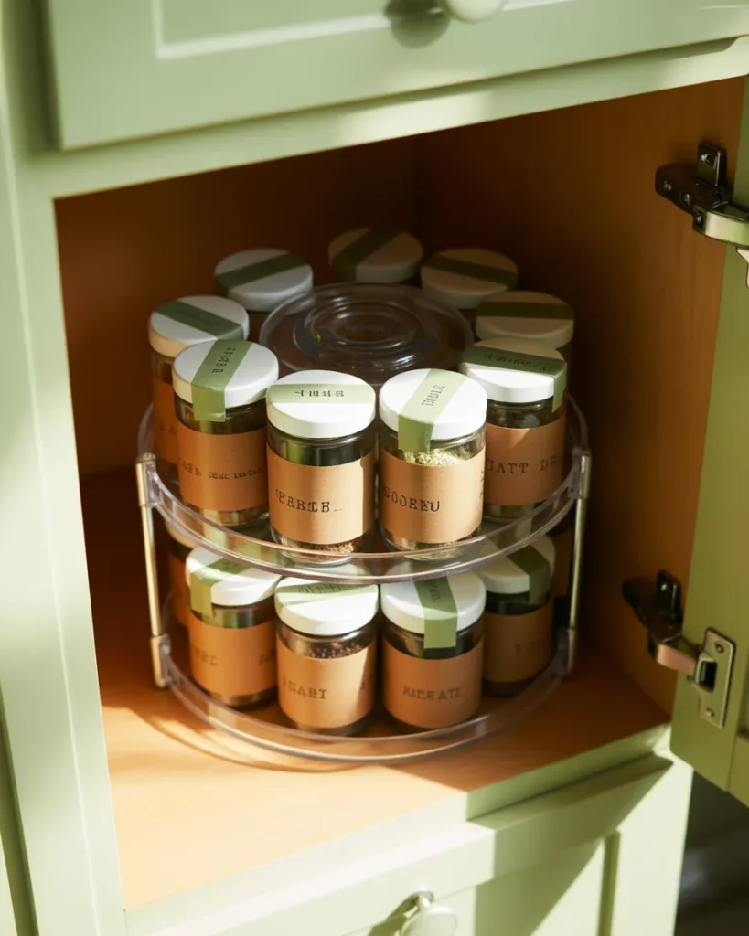 Clear Lazy Susan inside a small kitchen cabinet with matching glass spice jars and kraft labels.