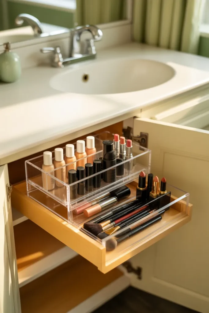 Clear acrylic makeup drawer organizer with sorted foundation, mascara, and brushes inside a vanity cabinet