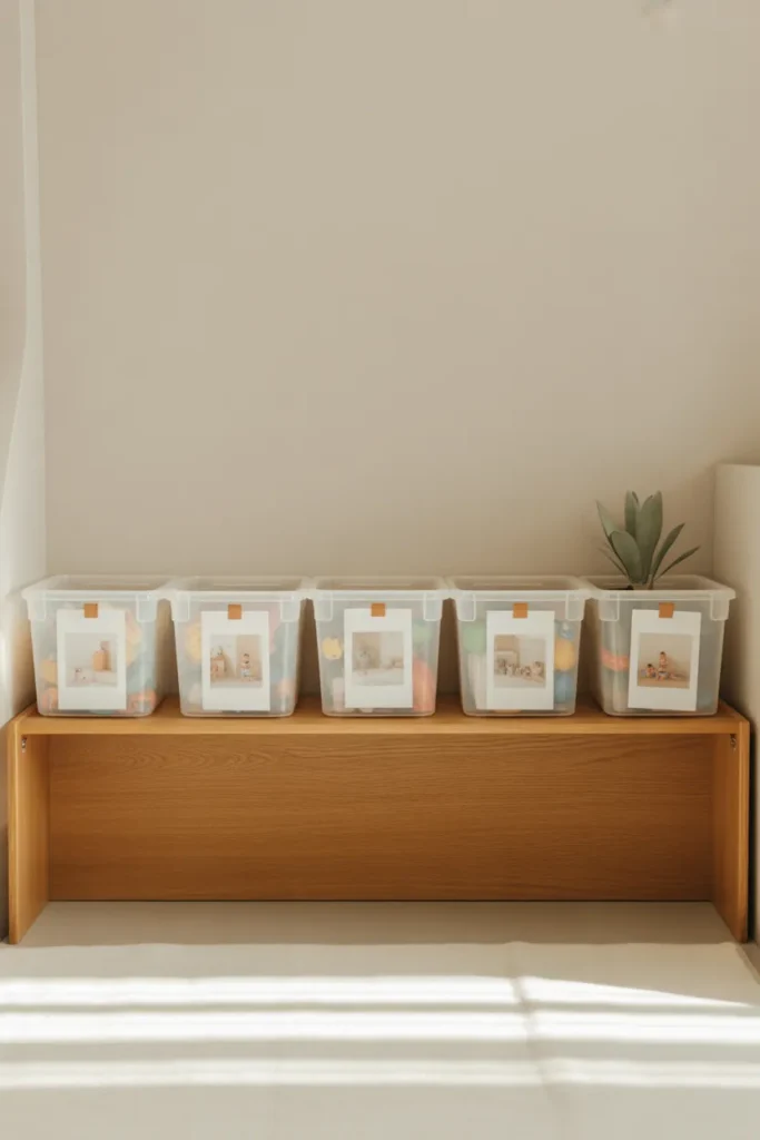 Clear stackable bins with photo labels for neurodivergent-friendly kids room organization in a minimalist Scandi style