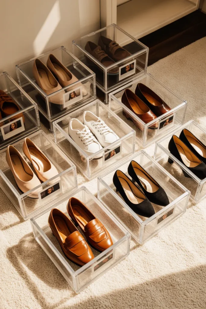 Clear stackable shoe storage ideas with photo labels on closet floor in grid arrangement.