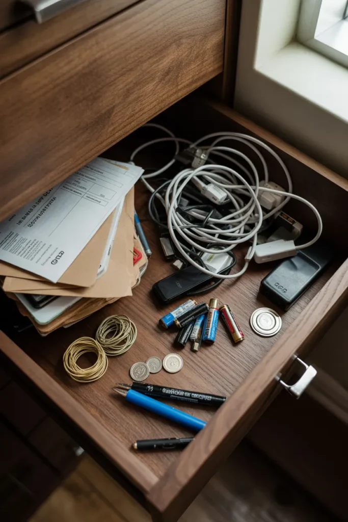 Cluttered junk drawer before organization with tangled cables, batteries, and miscellaneous items