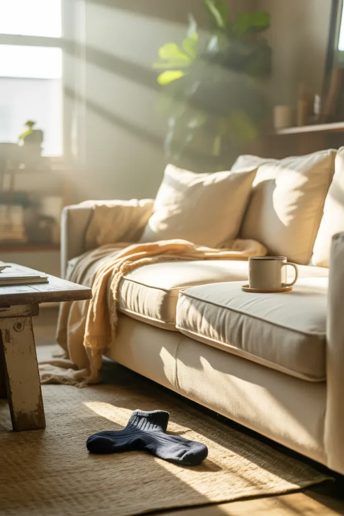 Cozy cream living room with a discarded sock and coffee mug showing the before state of cleaning motivation overwhelm.