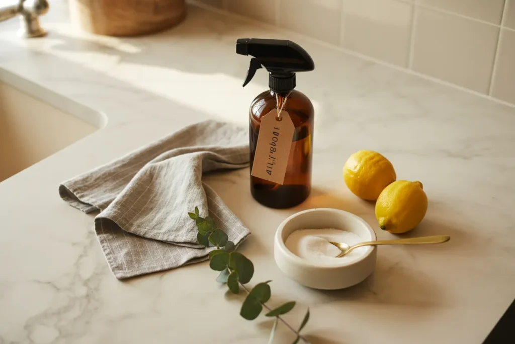 Cozy kitchen styled with a homemade natural all-purpose cleaning spray