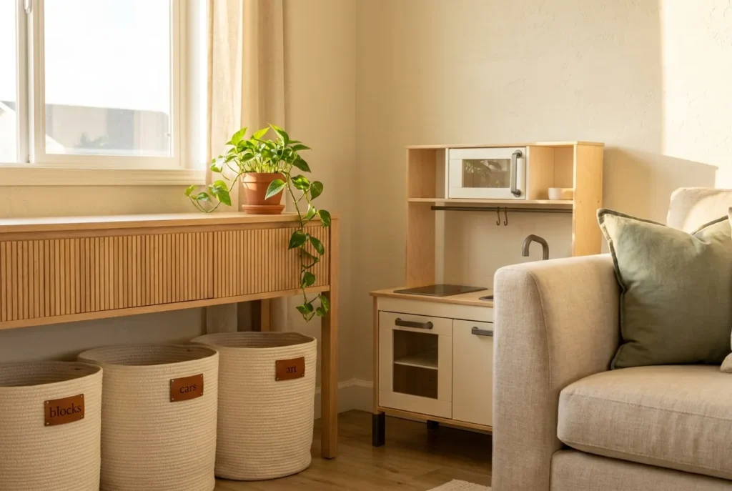 Cozy living room toy organization with oak console, labeled woven baskets, and farmhouse styling