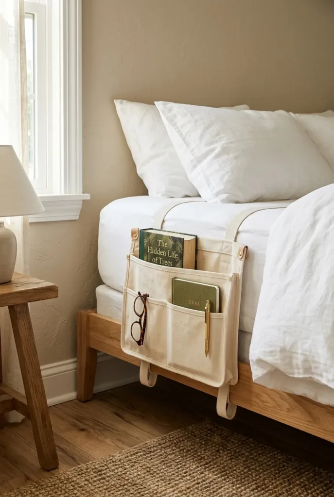Cream canvas bedside caddy holding book and glasses for nightstand-free bedroom