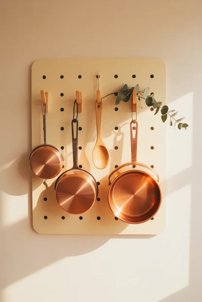 Cream pegboard with copper pots and herbs as vertical storage idea for small kitchen walls