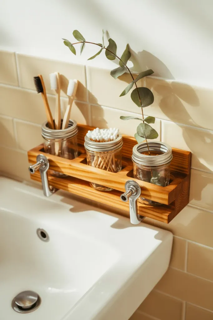 DIY Dollar Tree mason jar bathroom caddy mounted on stained pine board above a pedestal sink.