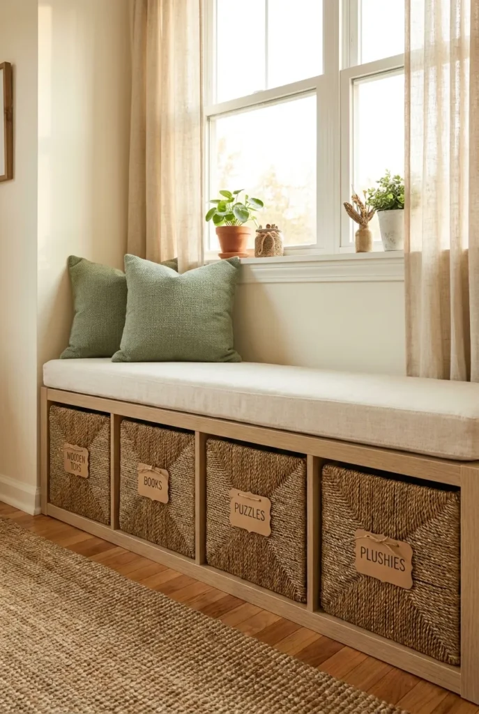 DIY Kallax bench with cushion top and four labeled toy baskets as window seat