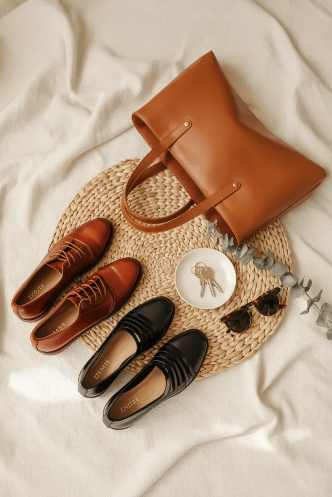 Daily entryway reset with paired shoes, tote bag, keys in dish, and sunglasses