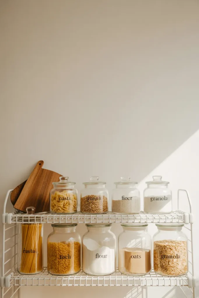 Dollar Tree glass jars decanted with pantry staples on a white wire shelf, Japandi style.