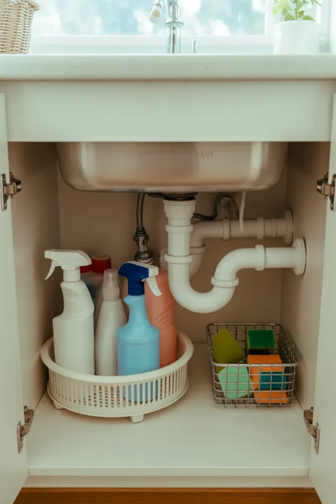 Dollar Tree lazy susan organizing cleaning sprays in an under-sink cabinet, rental-friendly hack.