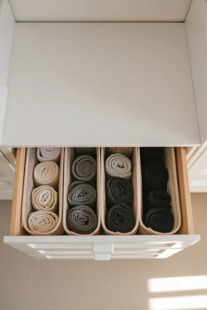 Dollar Tree mesh laundry bags used as bedroom sock drawer dividers in a minimalist setup.