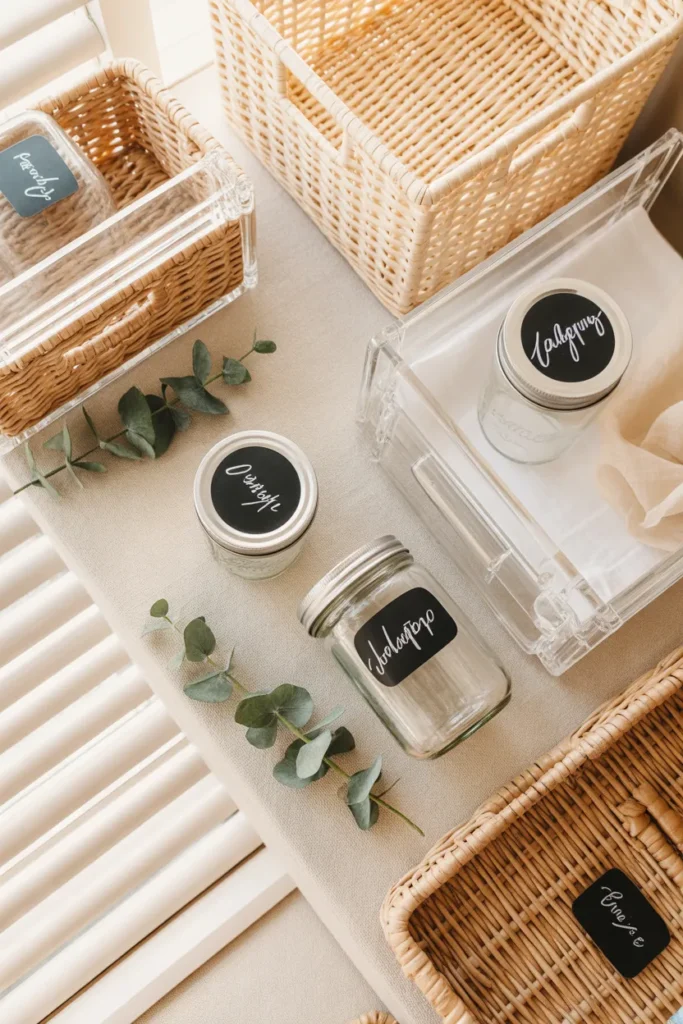 Dollar Tree organization haul flat lay with clear bins, woven baskets, and glass jars on cream background.