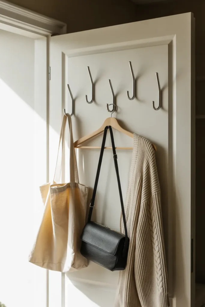 Dollar Tree over-the-door silver hooks holding bags and a cardigan in a Scandinavian closet.