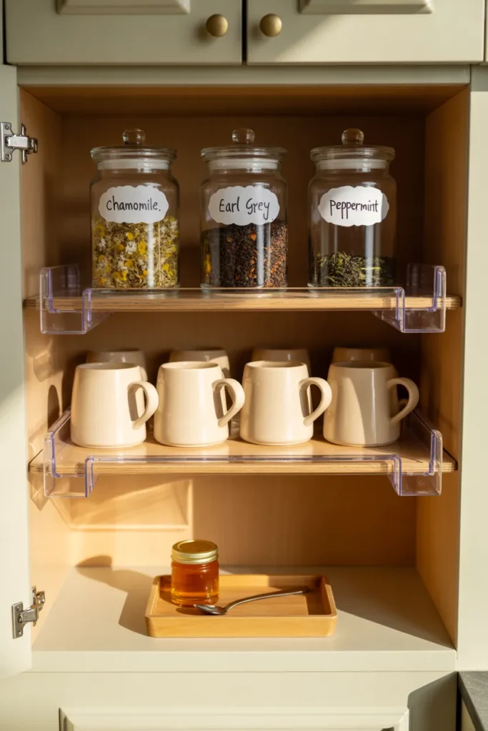 Dollar Tree shelf risers organizing a tea station inside a kitchen cabinet with glass jars and cream mugs.