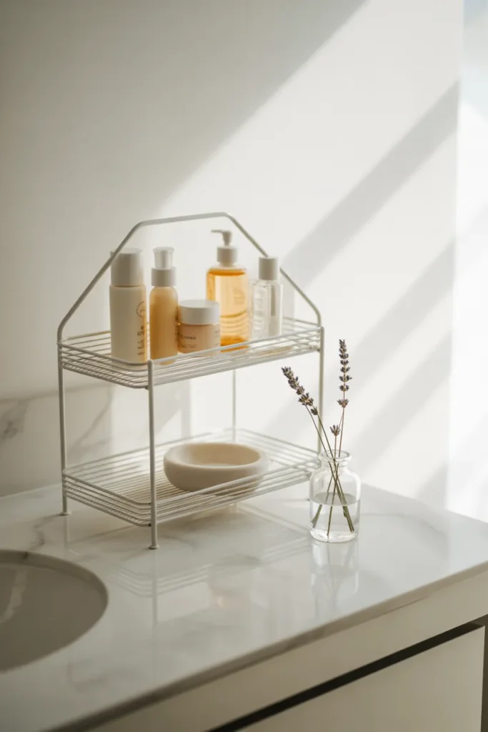 Dollar Tree wire egg shelf used as a skincare riser on a white marble bathroom vanity.