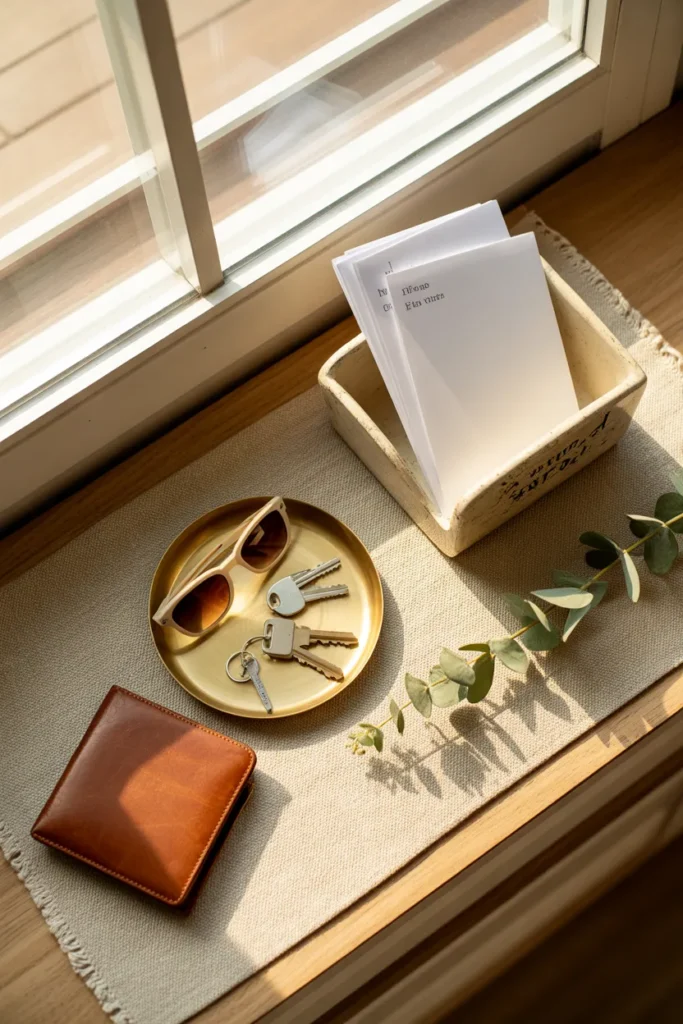 Entryway drop zone with brass catchall tray, keys, and mail sorter on linen runner
