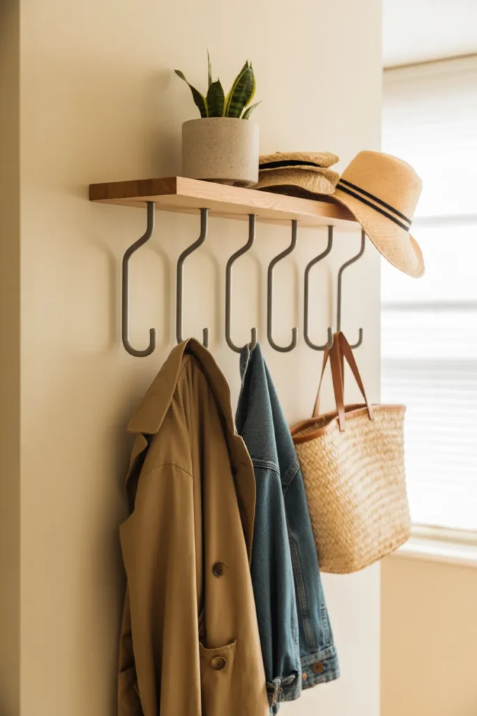Entryway wall organizer with hooks and floating shelf for coats and bags