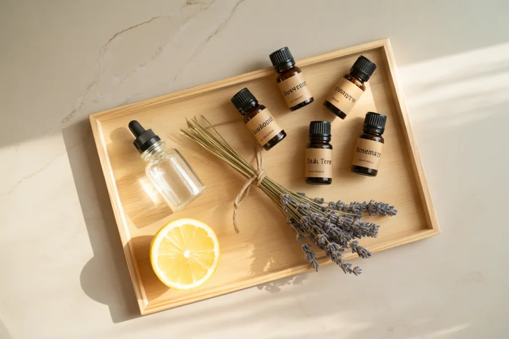 Essential oils for natural cleaning recipes styled on a wooden tray