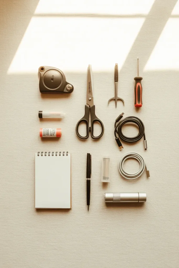 Essentials that belong in a junk drawer including tape measure scissors screwdriver charging cables and pen
