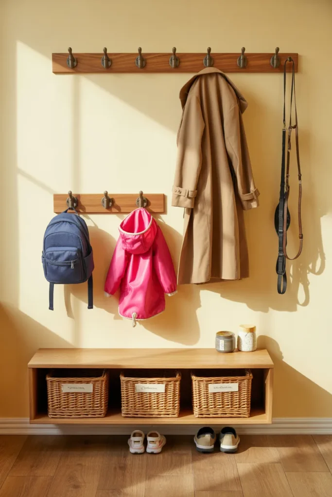 Family entryway organization with kid-height hooks, labeled baskets, and dog leash station