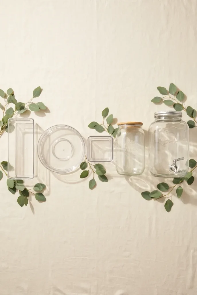 Five fridge organization products including clear bins, a turntable, a Weck jar, and a beverage dispenser laid out flat.