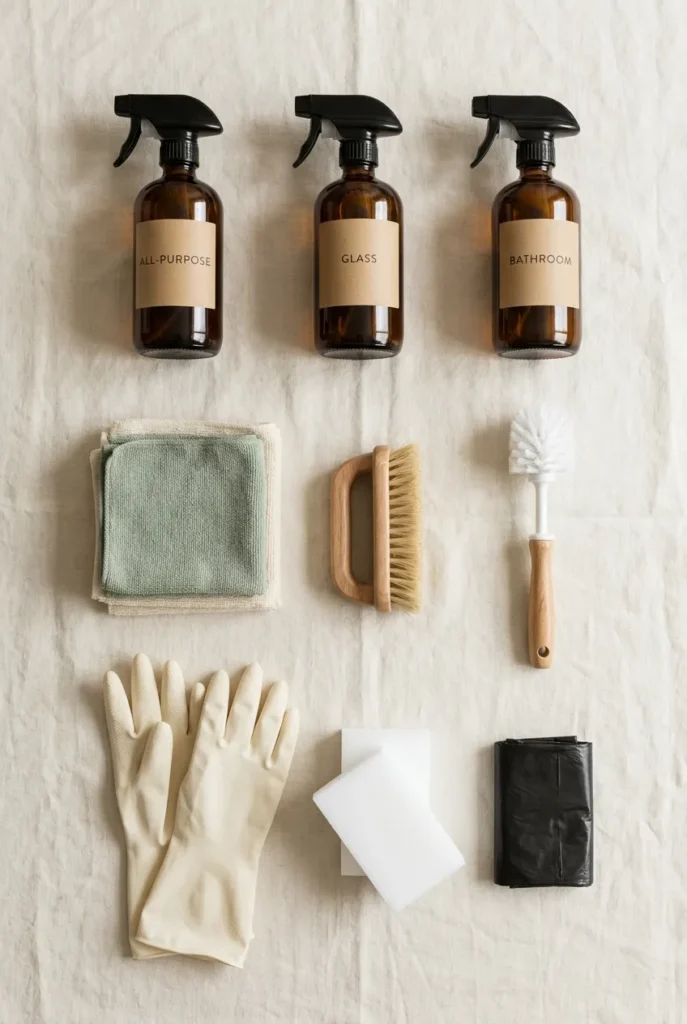Flat lay of 9 cleaning caddy essentials including amber spray bottles and microfiber cloths