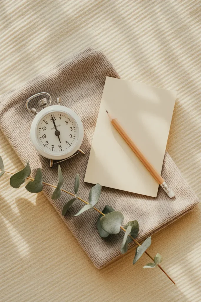 Flat lay of a 15-minute timer, notepad, and microfiber cloth on linen for a cleaning motivation reset.
