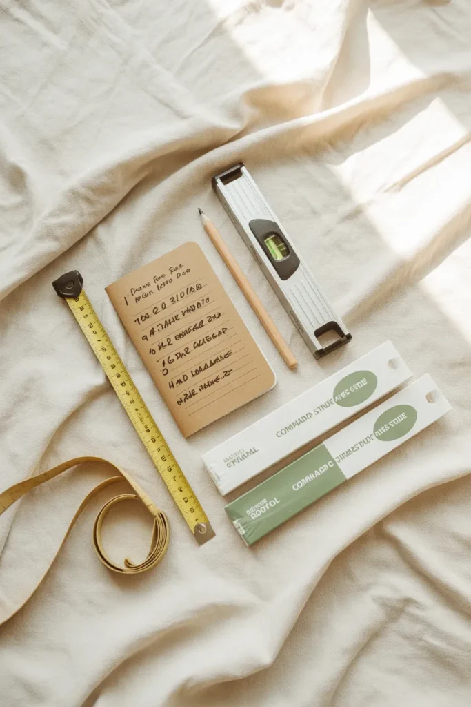 Flat lay of measuring tape, level, and command strips for planning vertical storage ideas