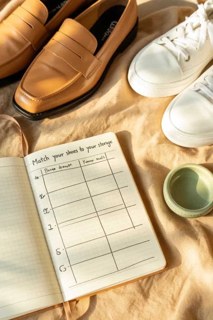 Flat lay shoe storage ideas planning chart with leather loafers and sage ceramic dish on cream linen.