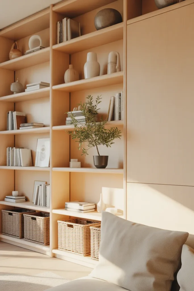 Floor to ceiling bookshelf with baskets and ceramics as vertical living room storage