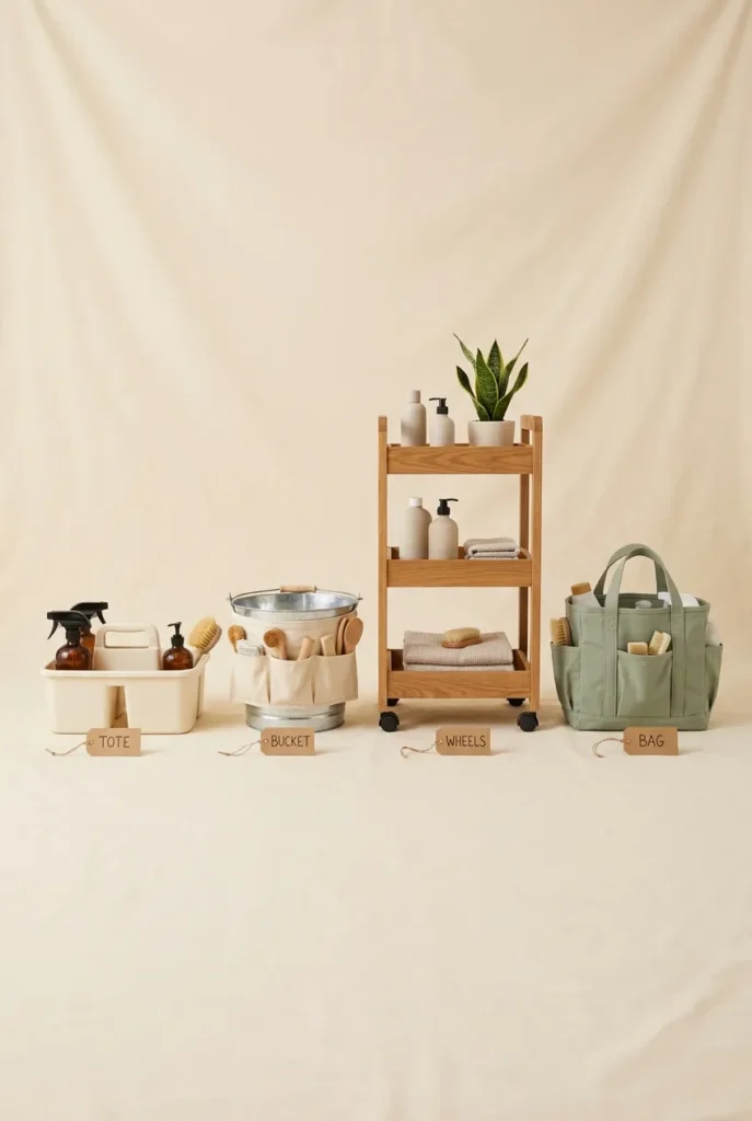 Four cleaning caddy formats compared including tote, bucket, rolling cart, and canvas bag