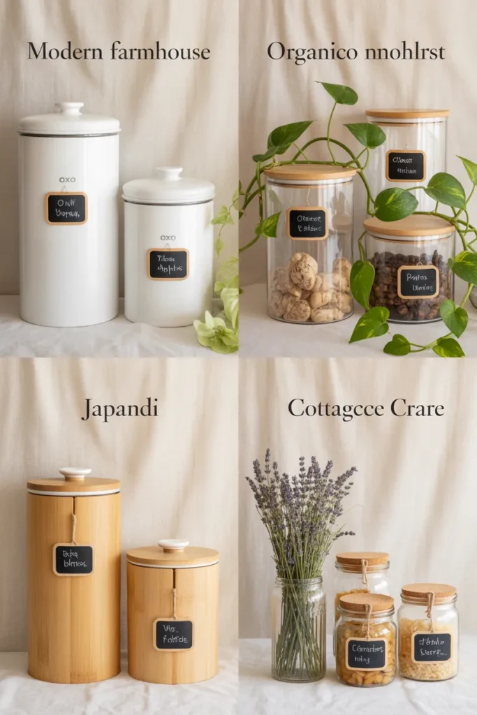 Four-quadrant comparison of Modern Farmhouse, Organic Modern, Japandi, and Cottagecore walk in pantry styling