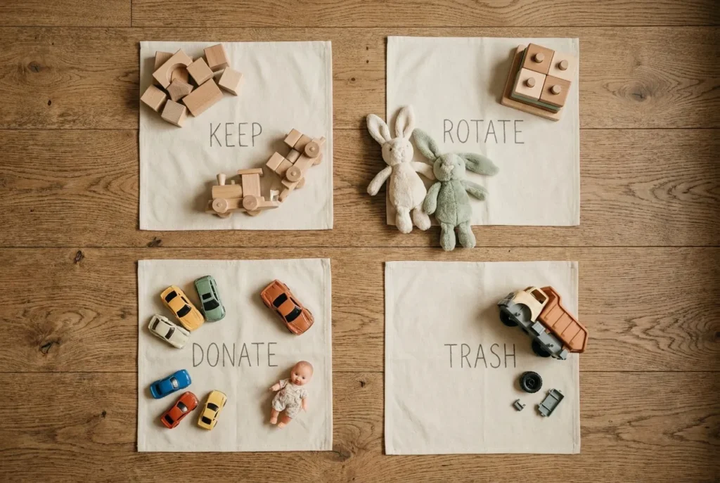 Four-zone toy decluttering sort with keep, rotate, donate, and trash piles on wood floor