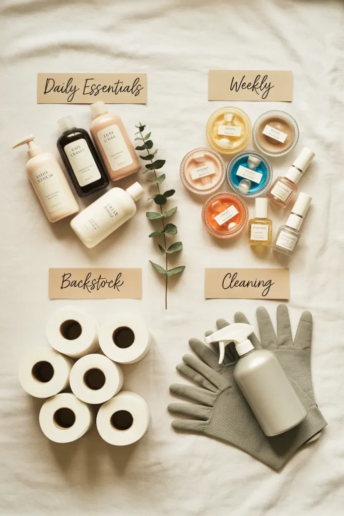 Four-zone under bathroom sink organization flat lay sorting daily, weekly, backstock, and cleaning items
